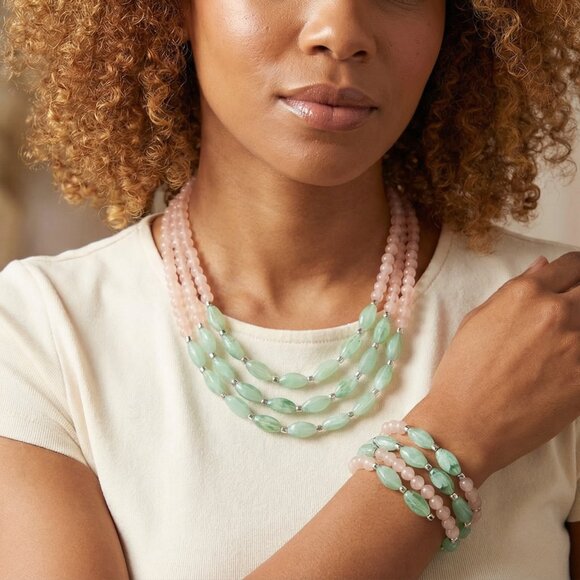 Pastel Beaded Necklace & Bracelet Set | Pink + Mint Green Multi-Strand | Silver - Picture 1 of 7